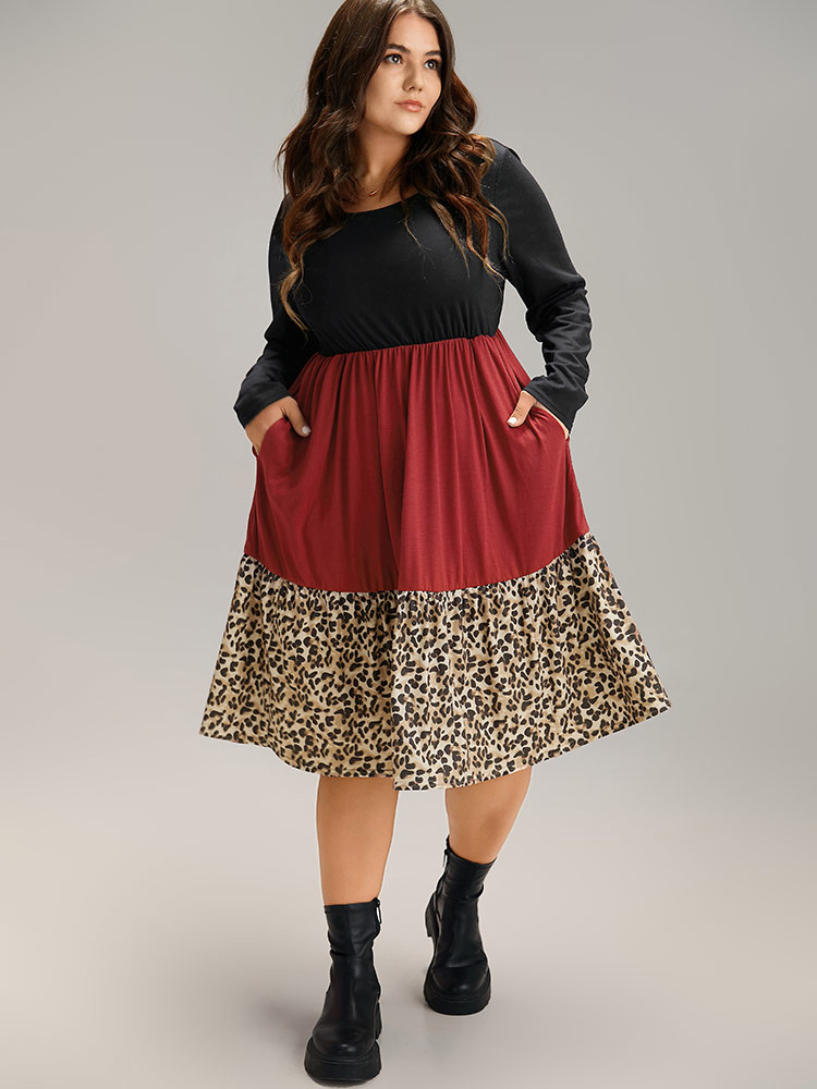 Plus Size Supersoft Essentials Colorblock Contrast Leopard Dress Black Women Casual Patchwork Round Neck Long Sleeve Curvy Midi Dress BloomChic 10/M 