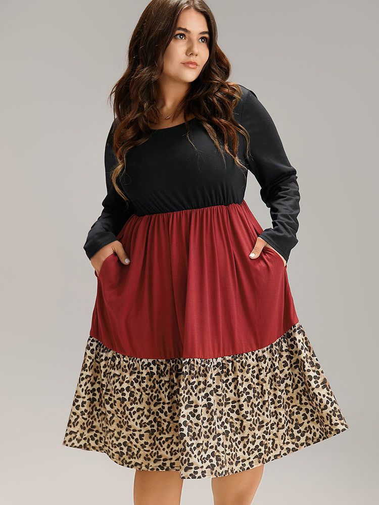 Plus Size Supersoft Essentials Colorblock Contrast Leopard Dress Black Women Casual Patchwork Round Neck Long Sleeve Curvy Midi Dress BloomChic 10/M 