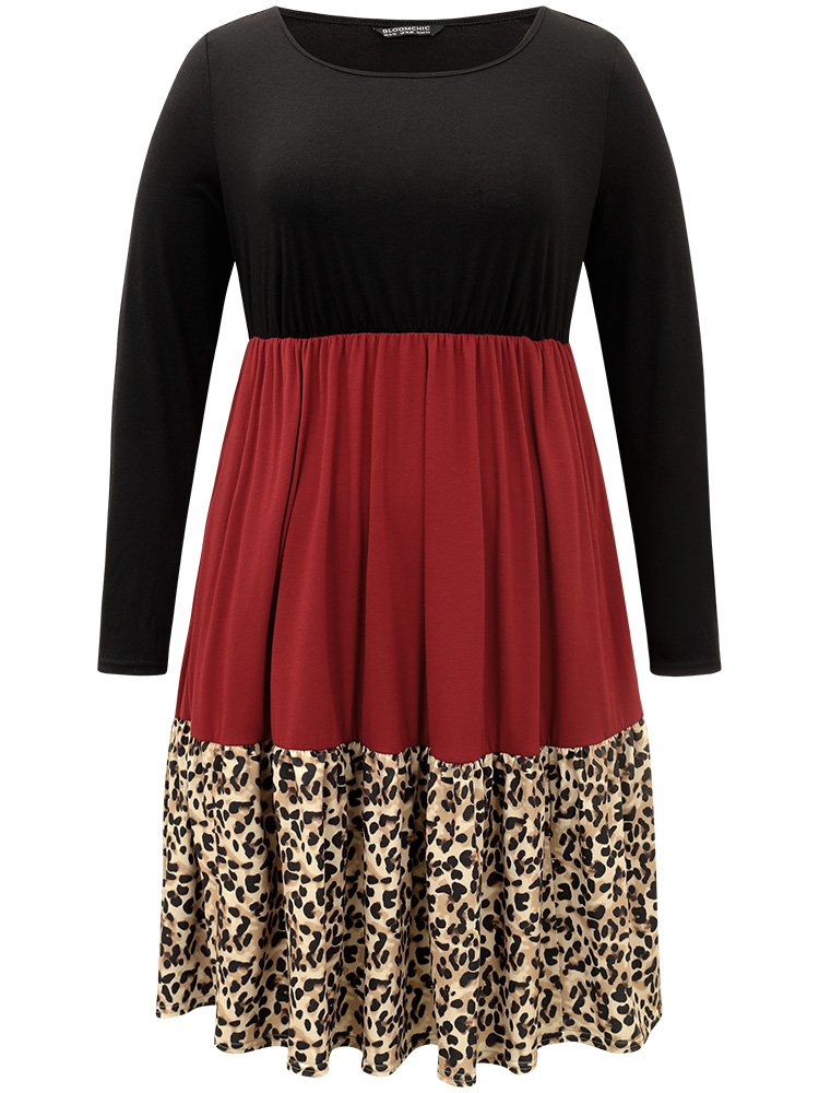 Plus Size Supersoft Essentials Colorblock Contrast Leopard Dress Black Women Casual Patchwork Round Neck Long Sleeve Curvy Midi Dress BloomChic 10/M 