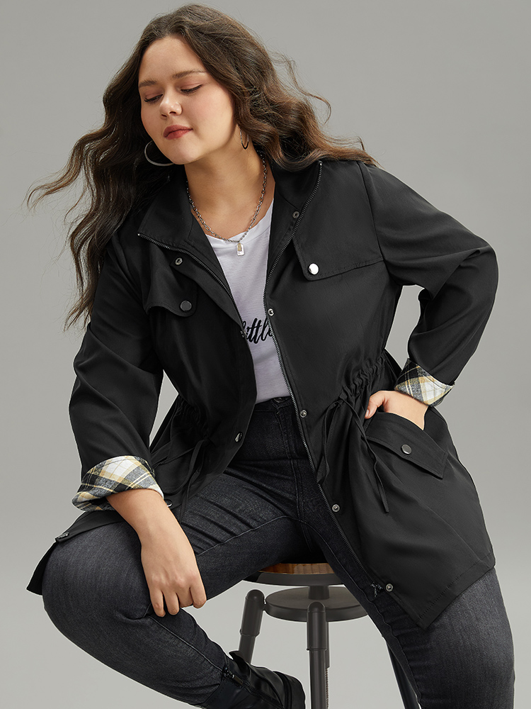 

Plus Size Wind-Resistant Plaid Patchwork Drawstring Zipper Coat Women Black Contrast Pocket Dailywear Jackets BloomChic