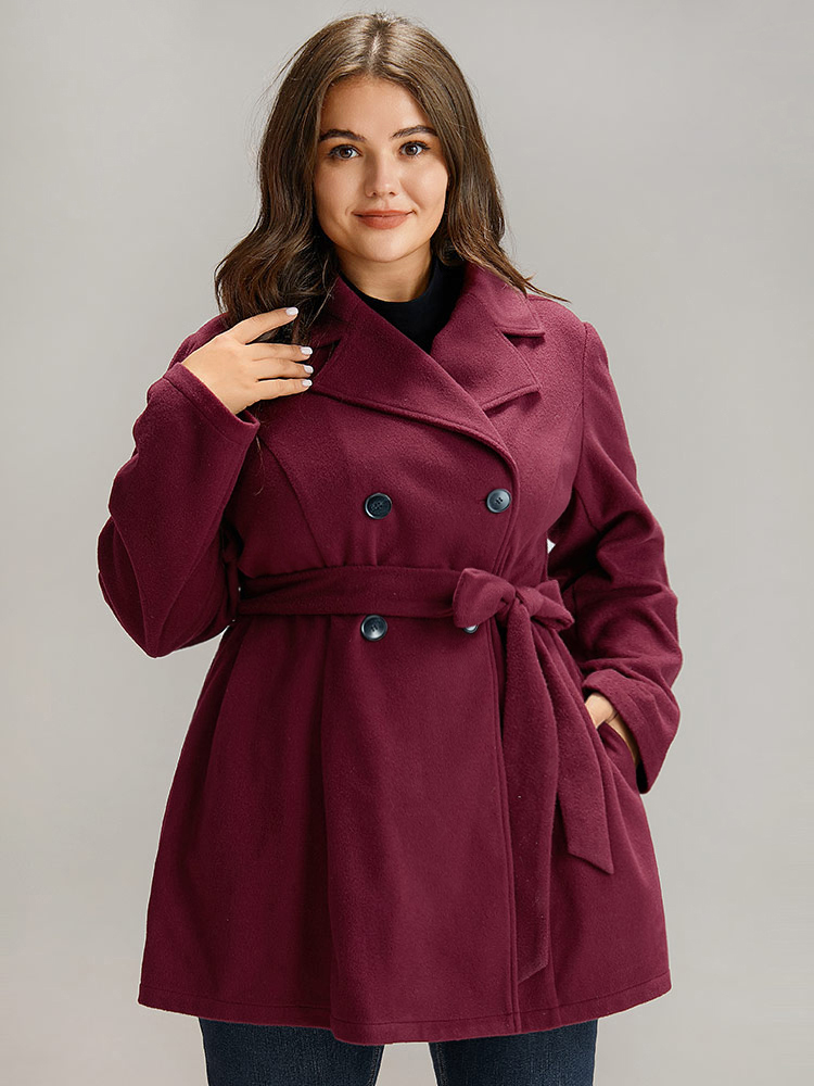 

Plus Size Plain Button Up Belted Lapel Collar Coat Women Burgundy Casual Plain Ladies Dailywear Winter Coats BloomChic