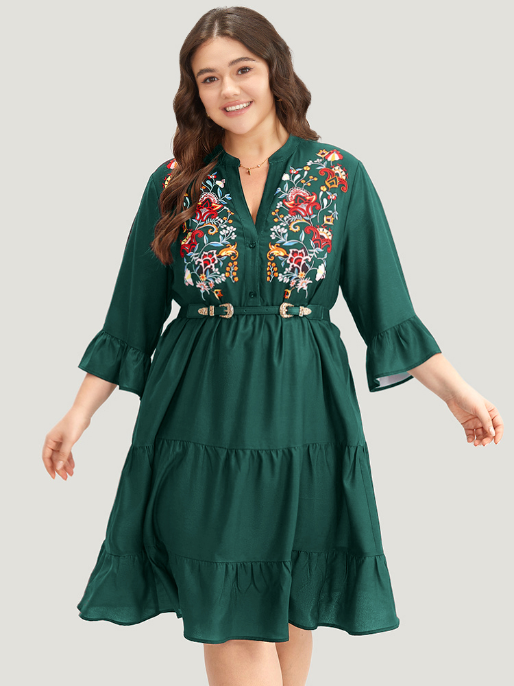 

Plus Size Floral Print Ruffles Plicated Detail Dress Teal Women Casual Printed Notched collar Elbow-length sleeve Curvy Midi Dress BloomChic