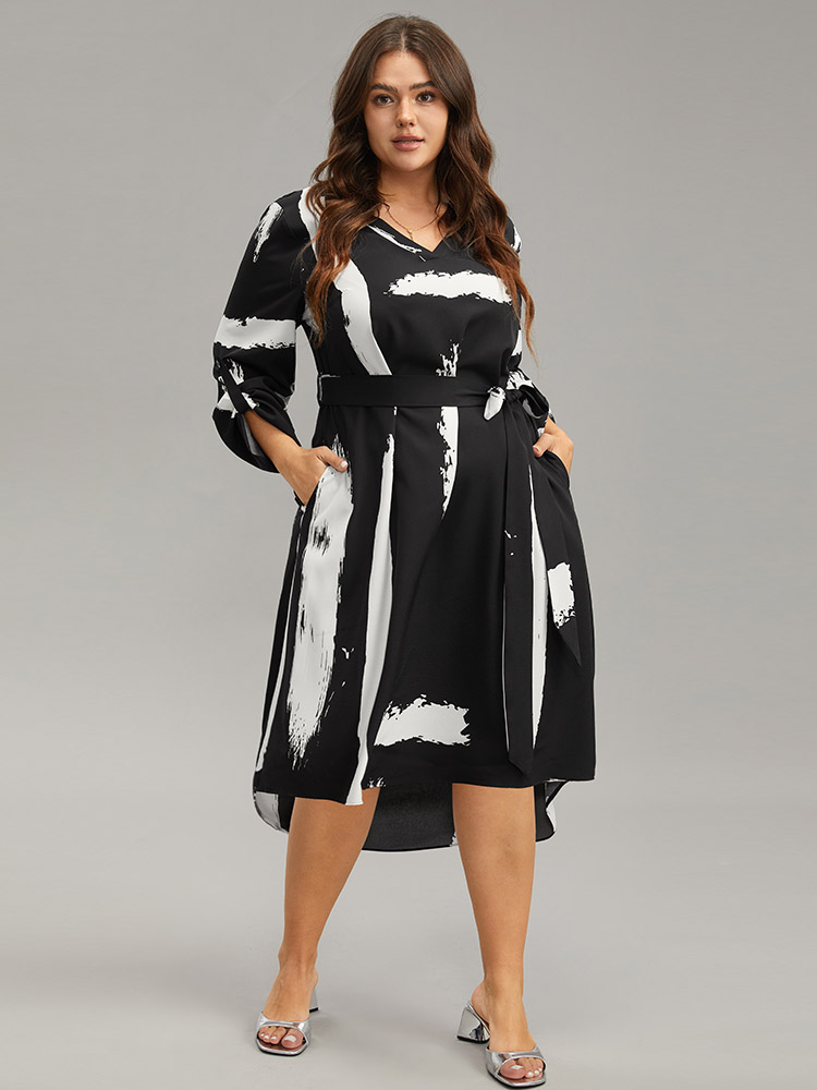 

Plus Size Brush Print V Neck Belted Tab Sleeve Dress BlackFlower Women Office Belted V-neck Long Sleeve Curvy Knee Dress BloomChic