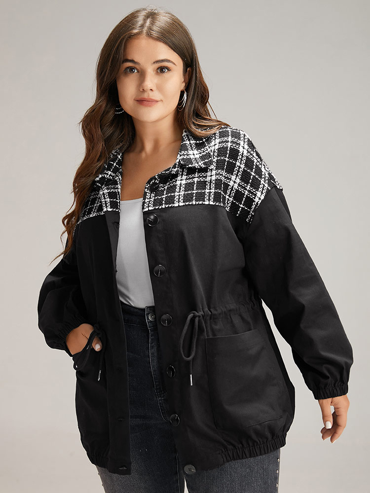 

Plus Size Plaid Patchwork Contrast Drawstring Button Up Jacket Women Black Elastic cuffs Pocket Dailywear Jackets BloomChic