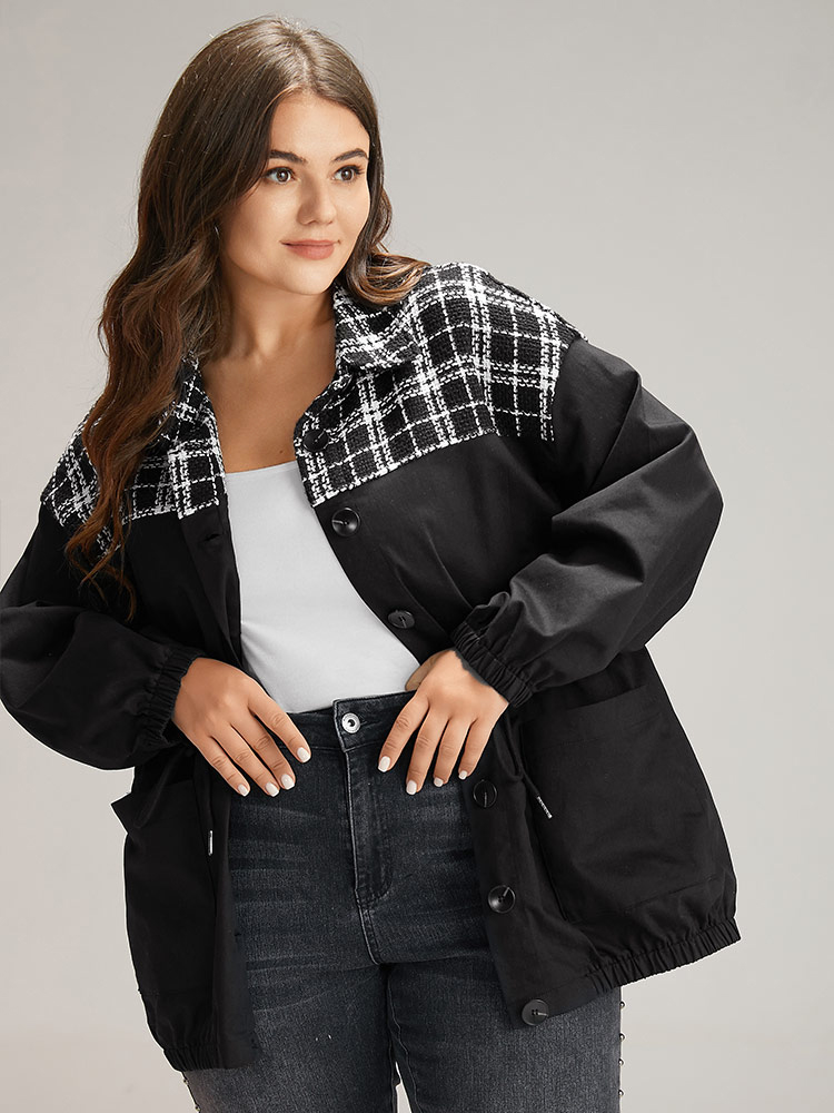 

Plus Size Plaid Patchwork Contrast Drawstring Button Up Jacket Women Black Elastic cuffs Pocket Dailywear Jackets BloomChic