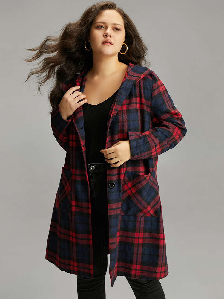 

Plus Size Plaid Button Through Pocket Hooded Coat Women Indigo Casual Contrast Ladies Everyday Winter Coats BloomChic