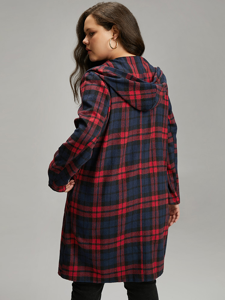 Plus Size Plaid Button Through Pocket Hooded Coat Women Indigo Casual Contrast Ladies Everyday Winter Coats BloomChic 26/4X 
