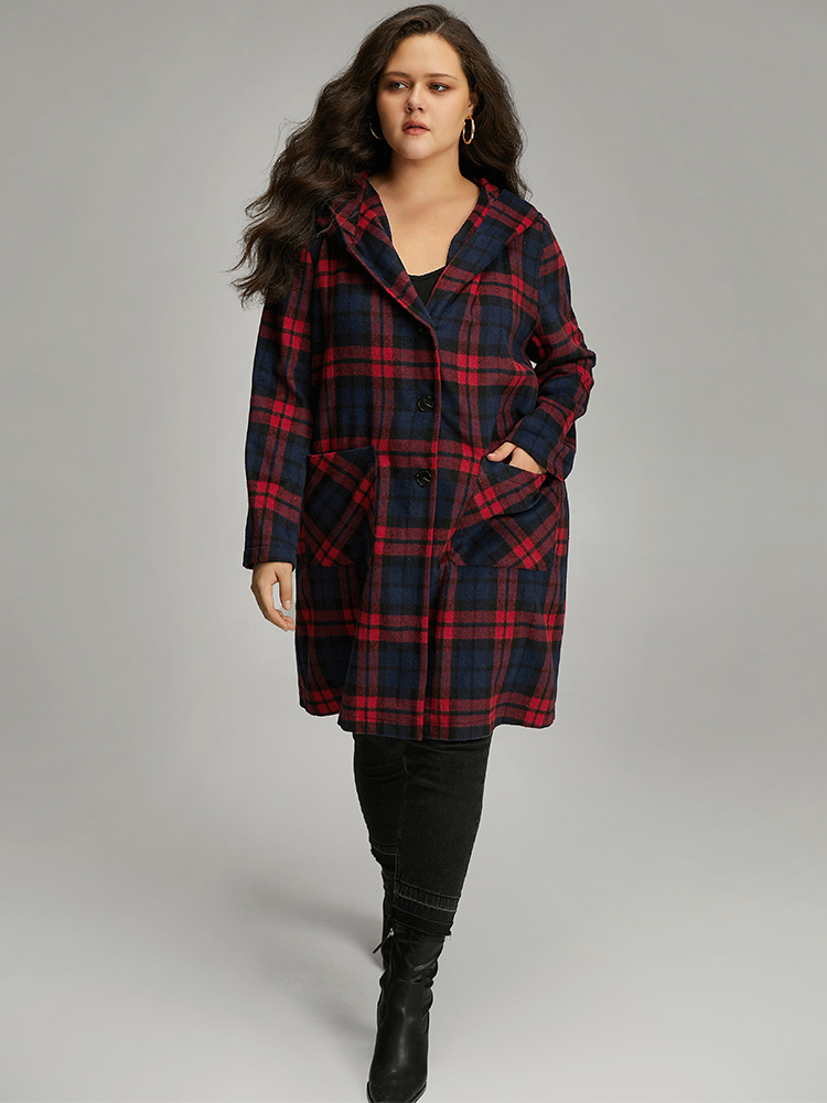 Plus Size Plaid Button Through Pocket Hooded Coat Women Indigo Casual Contrast Ladies Everyday Winter Coats BloomChic 26/4X 