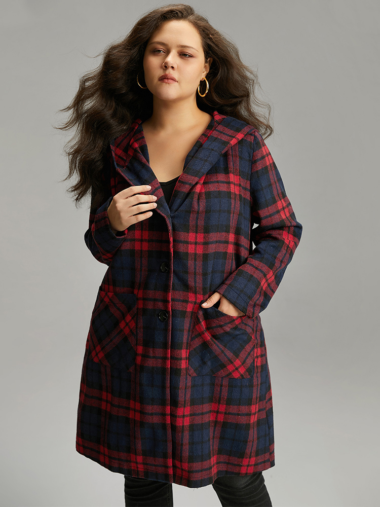 Plus Size Plaid Button Through Pocket Hooded Coat Women Indigo Casual Contrast Ladies Everyday Winter Coats BloomChic 26/4X 
