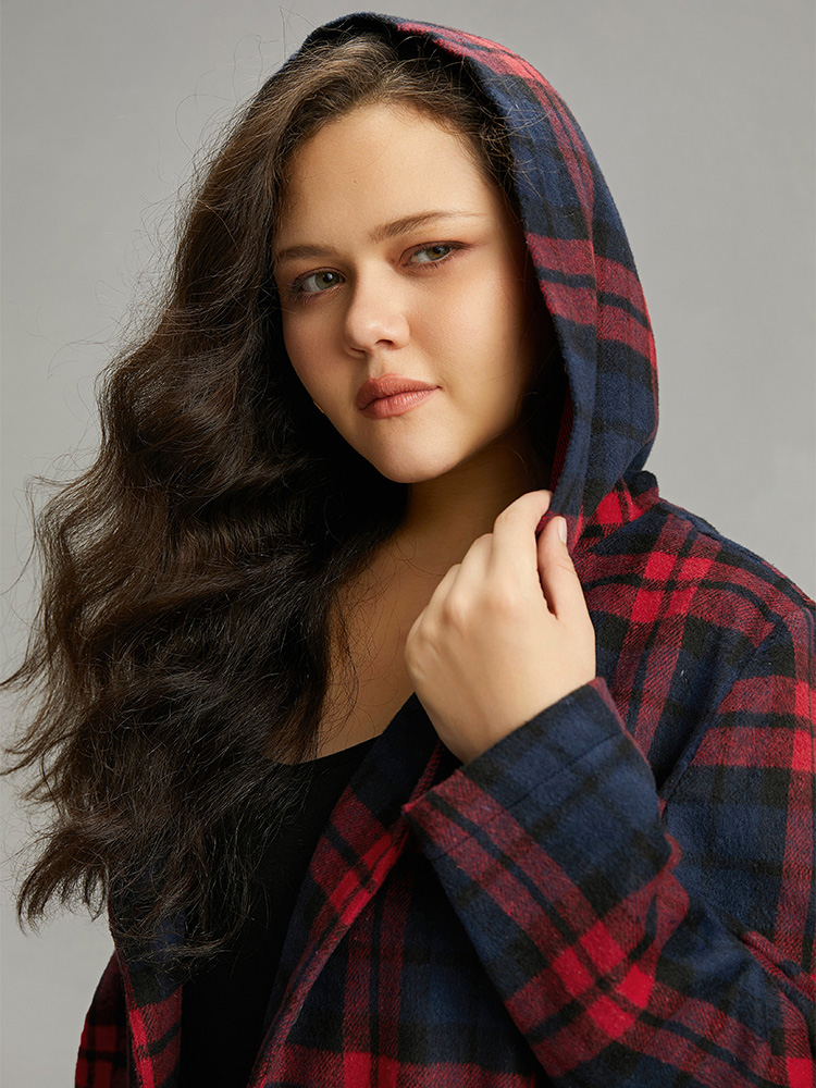 Plus Size Plaid Button Through Pocket Hooded Coat Women Indigo Casual Contrast Ladies Everyday Winter Coats BloomChic 26/4X 