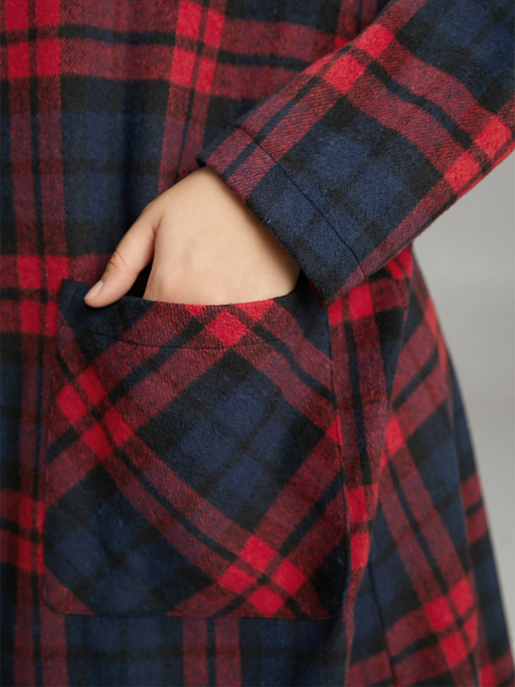 Plus Size Plaid Button Through Pocket Hooded Coat Women Indigo Casual Contrast Ladies Everyday Winter Coats BloomChic 26/4X 