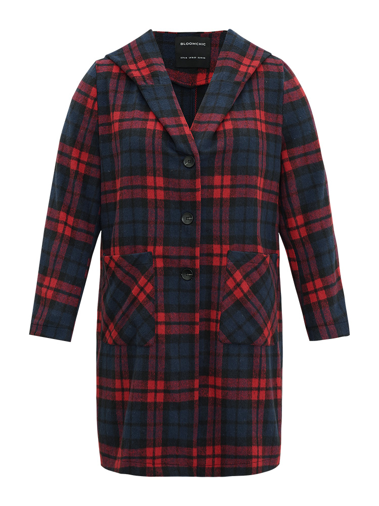Plus Size Plaid Button Through Pocket Hooded Coat Women Indigo Casual Contrast Ladies Everyday Winter Coats BloomChic 26/4X 