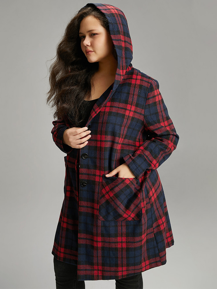 Plus Size Plaid Button Through Pocket Hooded Coat Women Indigo Casual Contrast Ladies Everyday Winter Coats BloomChic 26/4X 