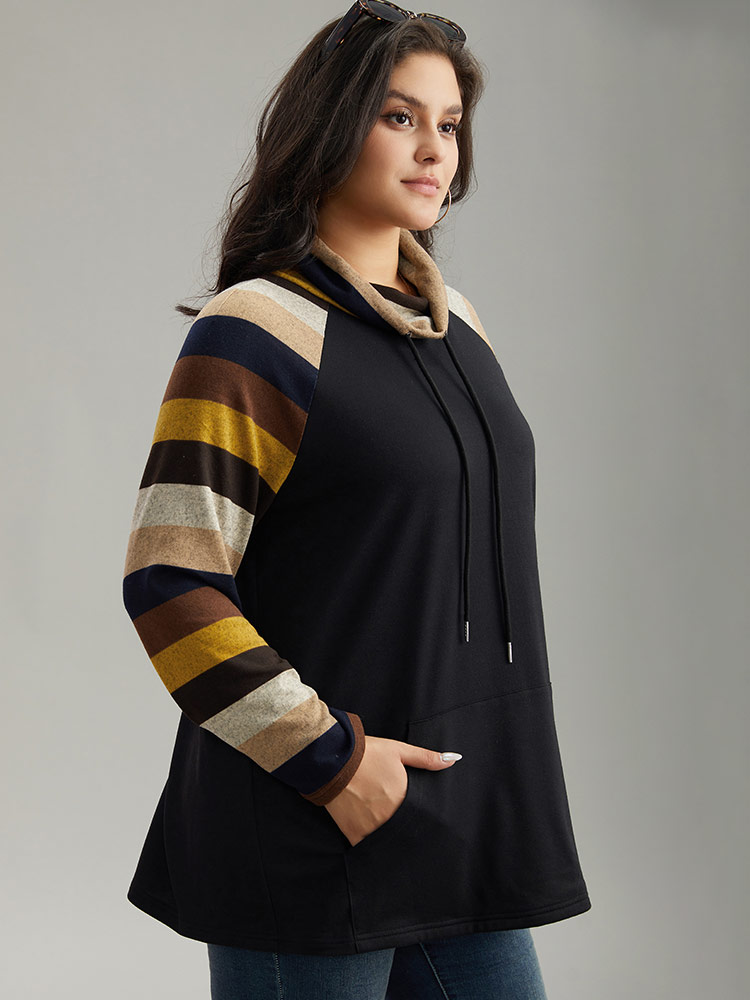 

Plus Size Mock Neck Colour Striped Drawstring Sweatshirt Women Black Casual Patchwork Mock Neck Dailywear Sweatshirts BloomChic