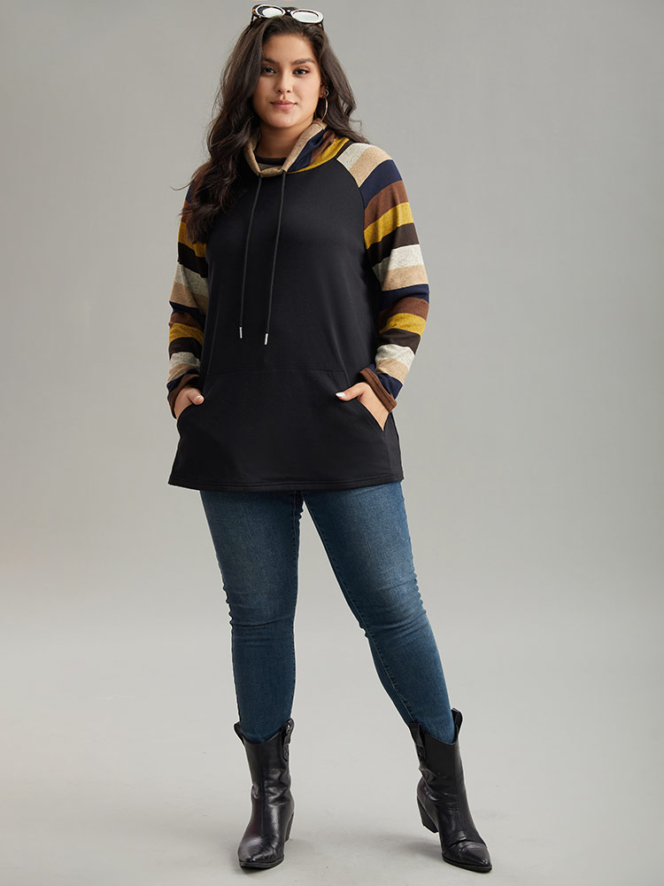 Plus Size Mock Neck Colour Striped Drawstring Sweatshirt Women Black Casual Patchwork Mock Neck Dailywear Sweatshirts BloomChic 10/M 