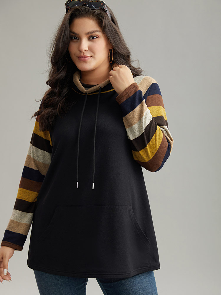 Plus Size Mock Neck Colour Striped Drawstring Sweatshirt Women Black Casual Patchwork Mock Neck Dailywear Sweatshirts BloomChic 10/M 
