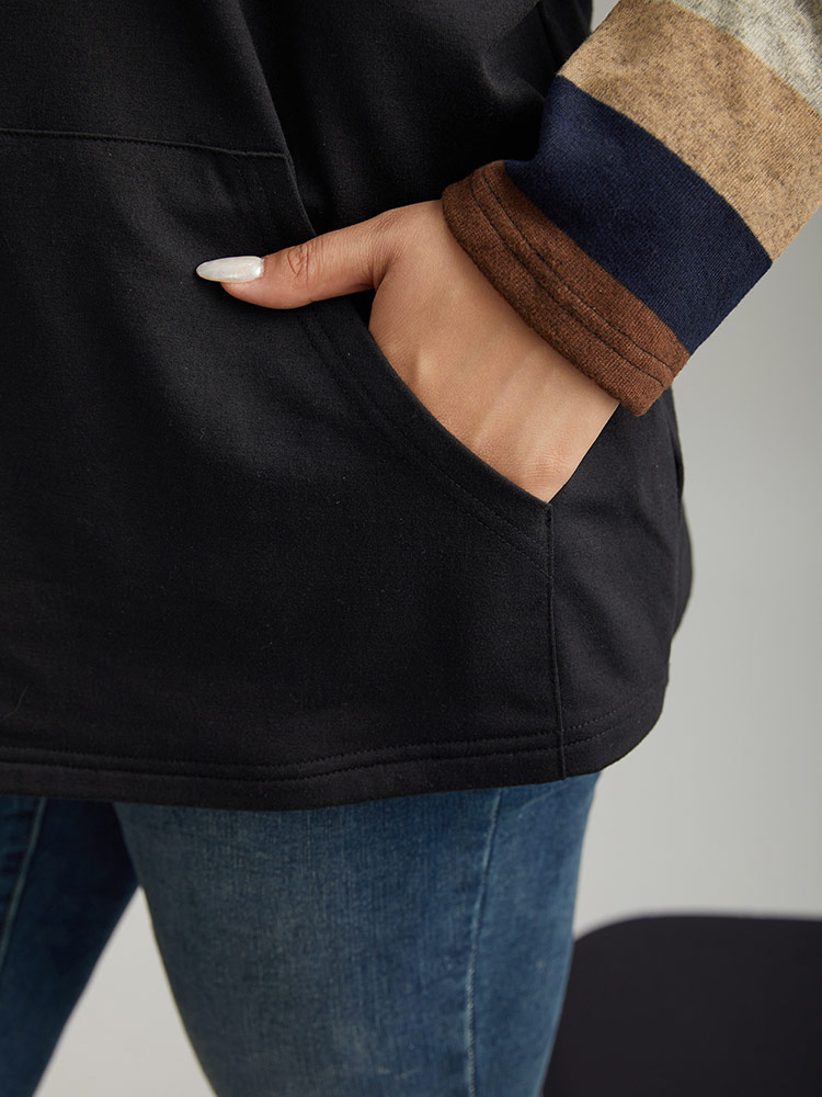 Plus Size Mock Neck Colour Striped Drawstring Sweatshirt Women Black Casual Patchwork Mock Neck Dailywear Sweatshirts BloomChic 10/M 
