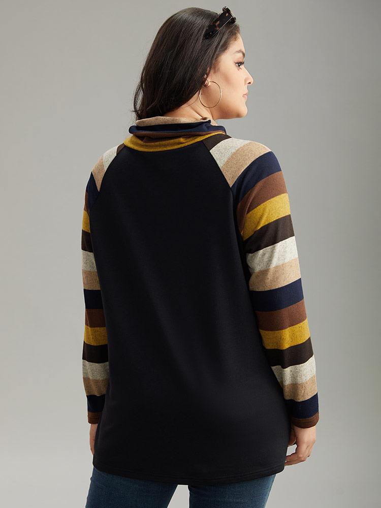 Plus Size Mock Neck Colour Striped Drawstring Sweatshirt Women Black Casual Patchwork Mock Neck Dailywear Sweatshirts BloomChic 10/M 