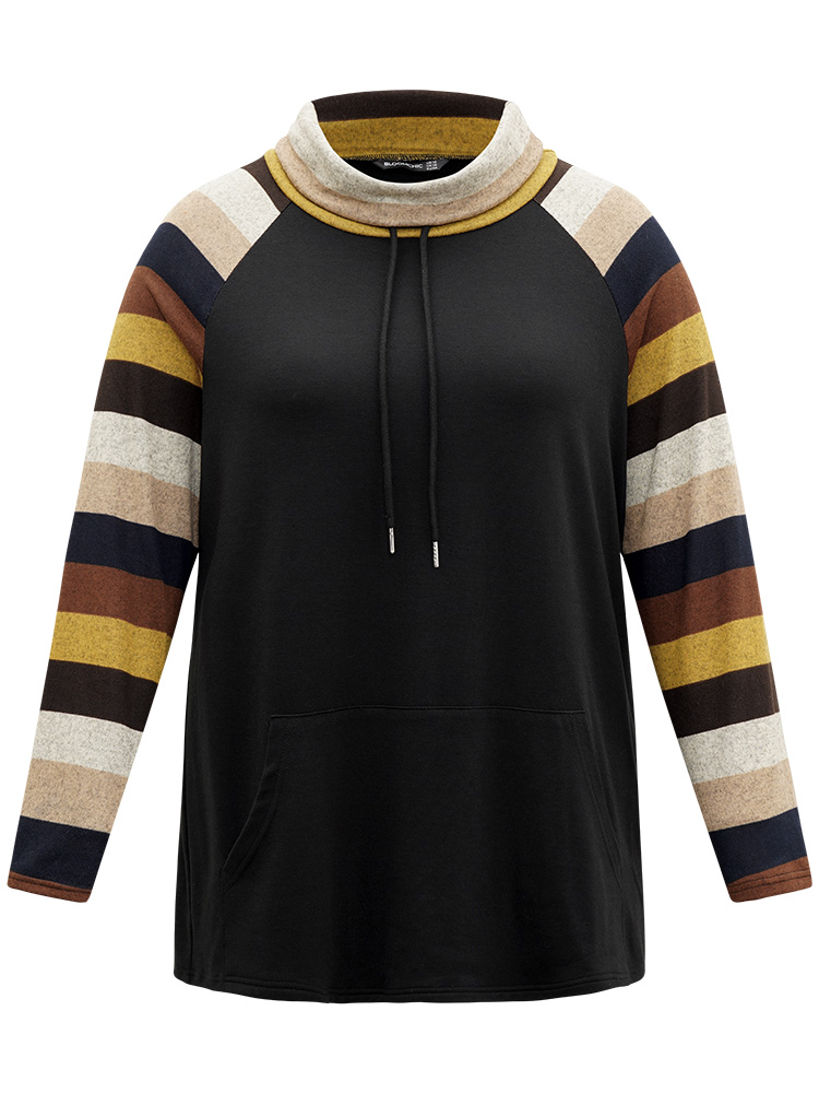 Plus Size Mock Neck Colour Striped Drawstring Sweatshirt Women Black Casual Patchwork Mock Neck Dailywear Sweatshirts BloomChic 10/M 