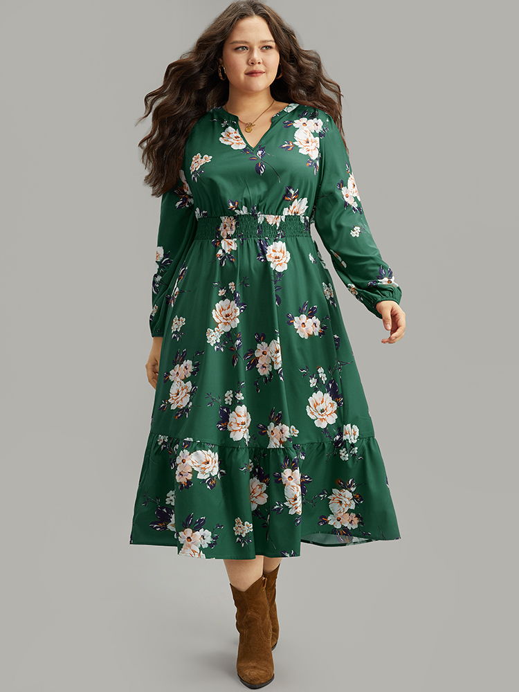 

Plus Size Floral Print Notched Shirred Elastic Cuffs Dress DarkGreen Women Elegant Elastic cuffs Notched collar Long Sleeve Curvy Midi Dress BloomChic