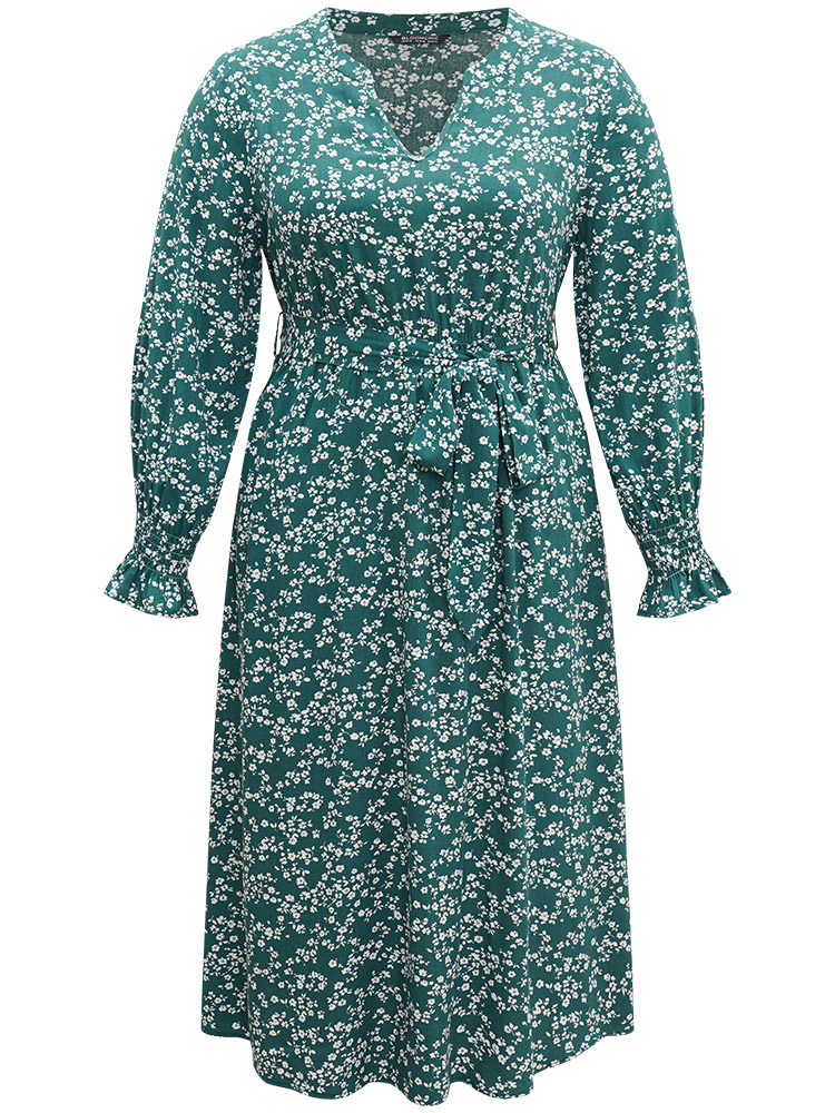 

Plus Size Ditsy Floral Shirred Belted Notched Dress DarkGreen Women Elegant Belted Notched collar Long Sleeve Curvy Midi Dress BloomChic