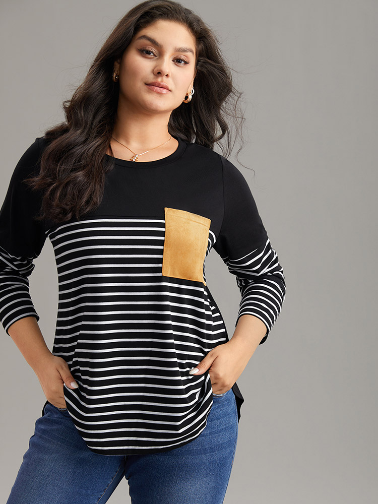 

Plus Size Striped Contrast Patched Pocket Arc Hem T-shirt Black Women Casual Contrast Striped Round Neck Dailywear T-shirts BloomChic