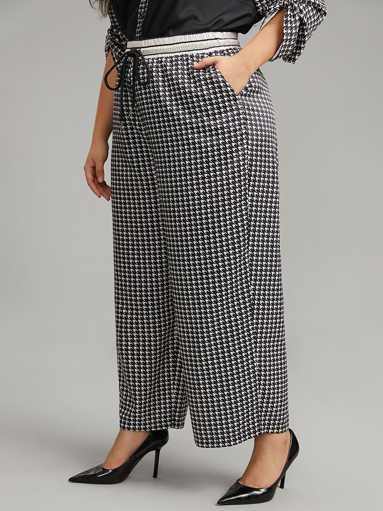 Plus Size Women Dailywear Houndstooth Elastic Waist High Rise Pocket Office Pants BloomChic 