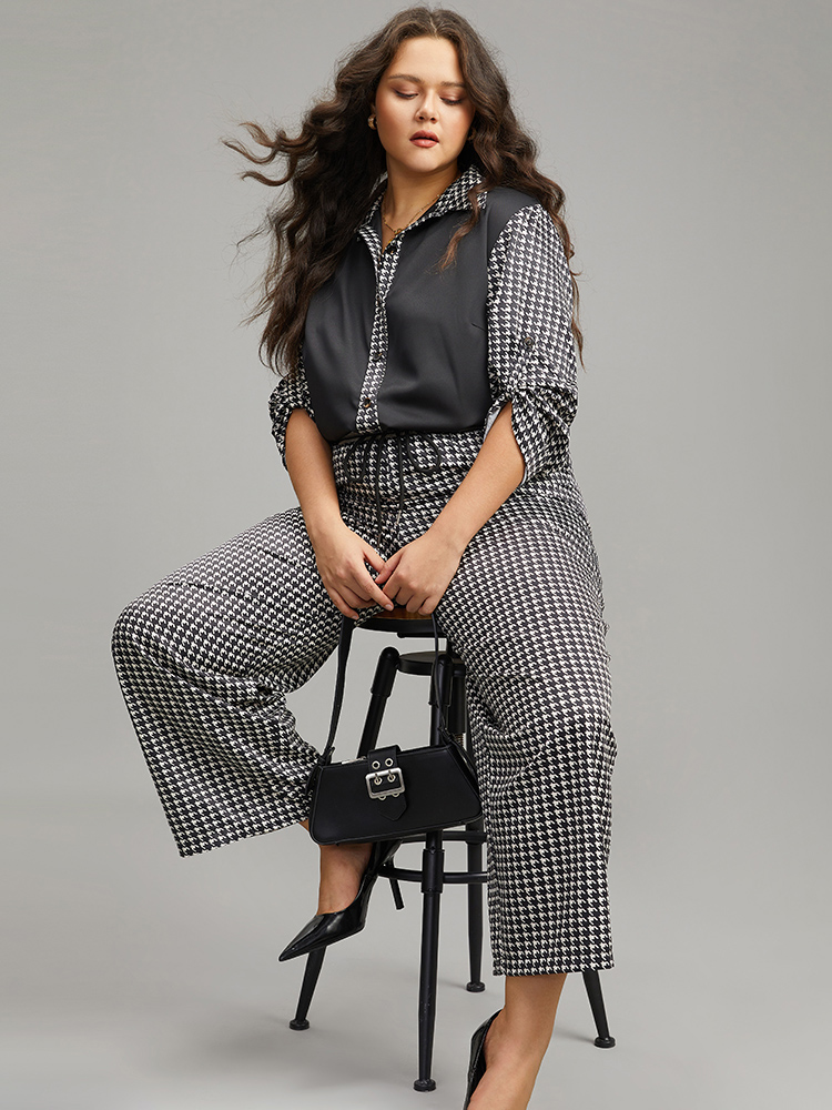Plus Size Women Dailywear Houndstooth Elastic Waist High Rise Pocket Office Pants BloomChic 