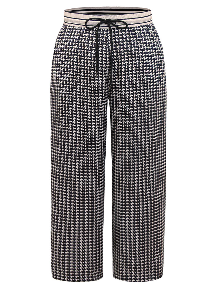 Plus Size Women Dailywear Houndstooth Elastic Waist High Rise Pocket Office Pants BloomChic 