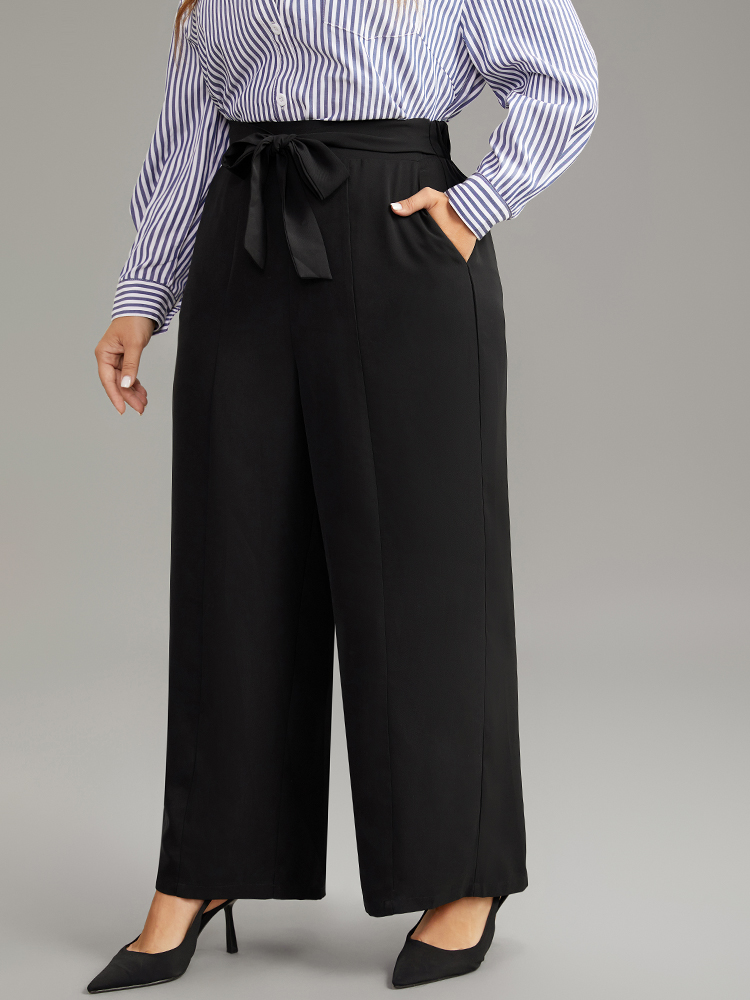 

Plus Size Anti-Wrinkle Solid Ties Wide Leg Pants Women Black Office Wide Leg High Rise Work Pants BloomChic