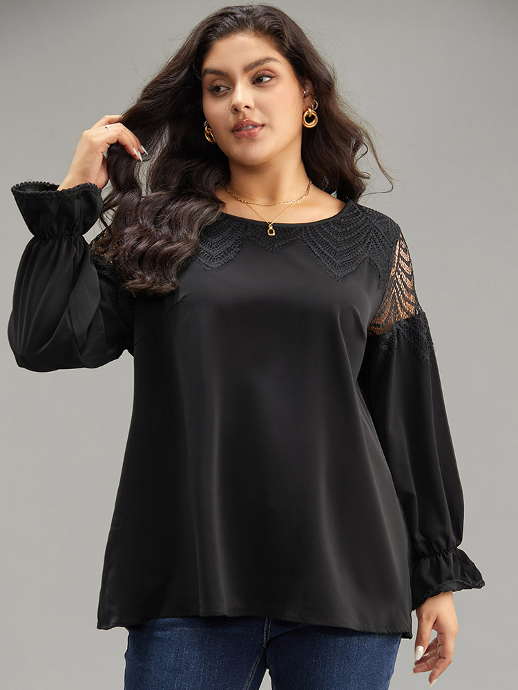 

Plus Size Black Anti-Wrinkle Solid Lace Panel Lantern Sleeve Blouse Women Elegant Long Sleeve Round Neck Dailywear Blouses BloomChic