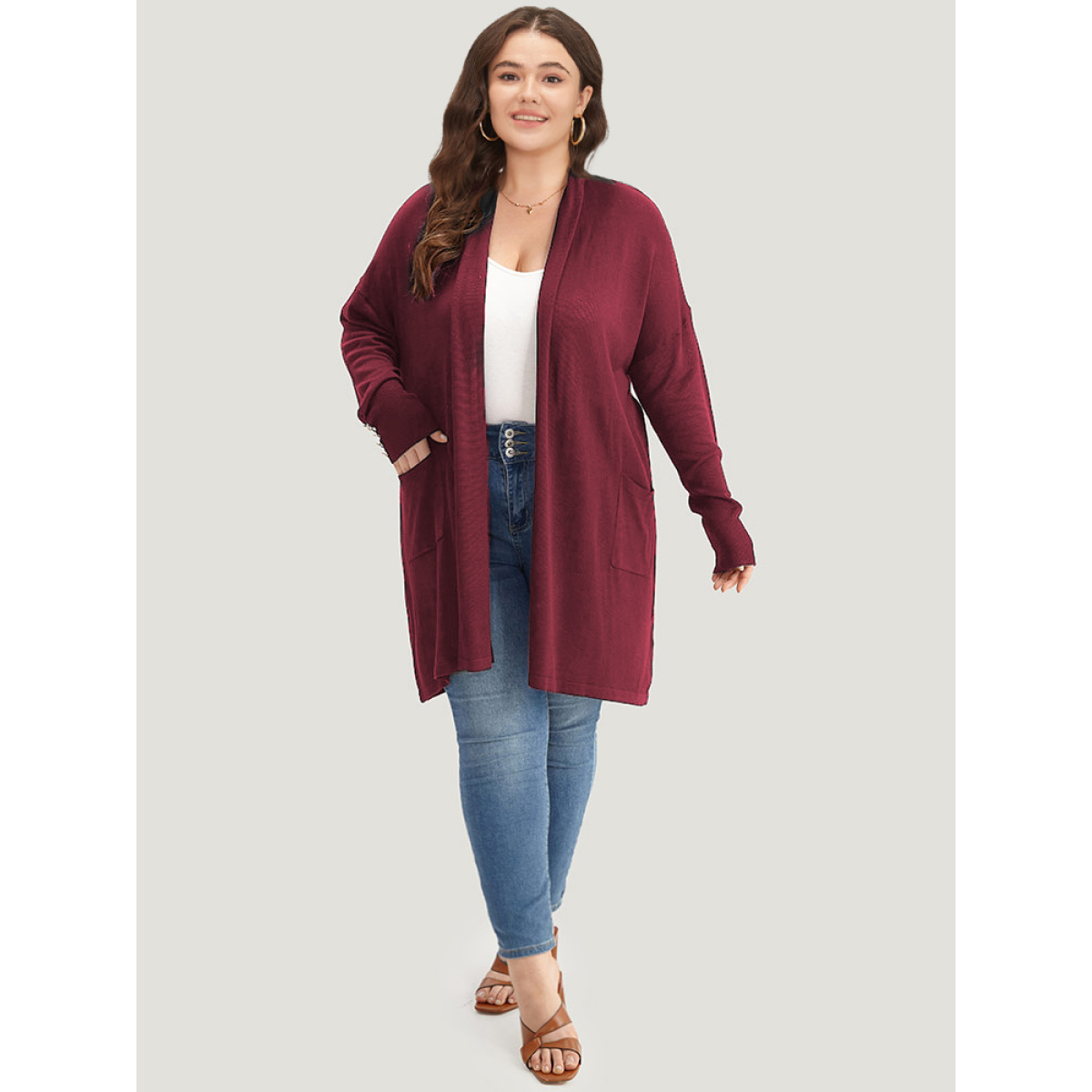 

Plus Size Supersoft Essentials Button Detail Lapel Collar Cardigan Burgundy Women Basics Loose Long Sleeve Everyday Cardigans BloomChic