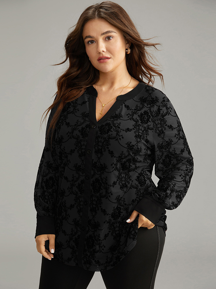 

Plus Size Black Floral Print Mesh V Neck Blouse Women Elegant Long Sleeve V-neck Dailywear Blouses BloomChic