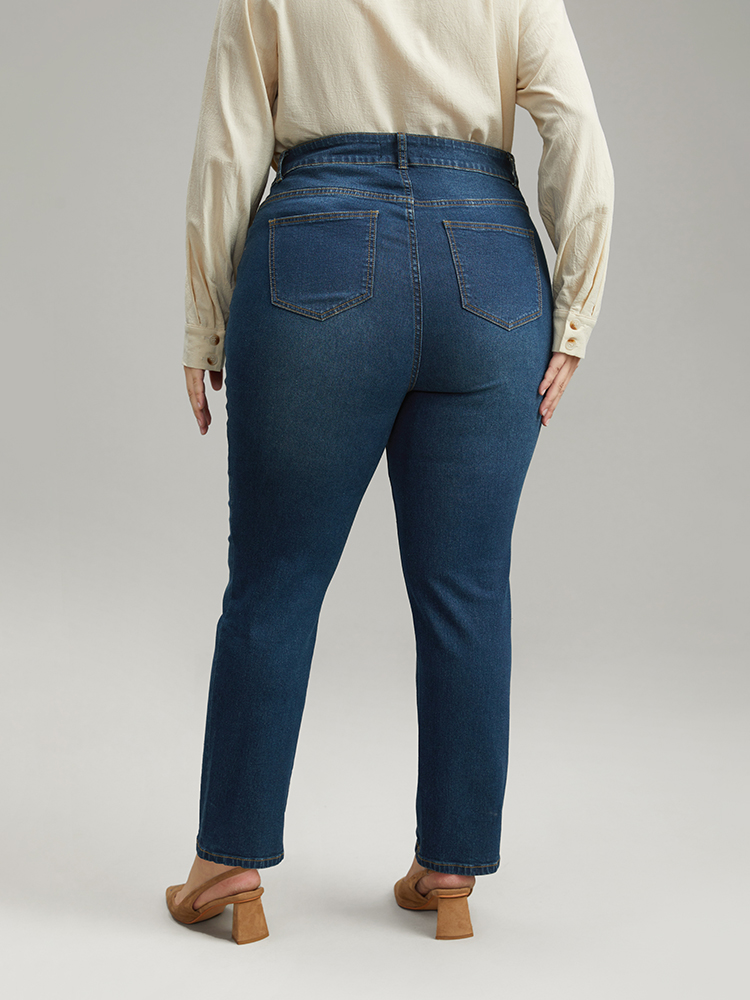 

Plus Size Plain Straight Leg Zipper Fly Jeans Women Indigo Casual Plain Pocket High stretch Pocket Jeans BloomChic