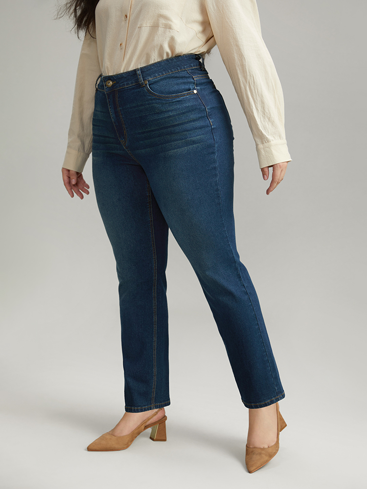 Plus Size Plain Straight Leg Zipper Fly Jeans Women Indigo Casual Plain Pocket High stretch Pocket Jeans BloomChic 16/1X 