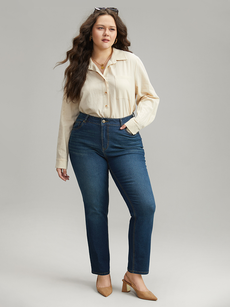 Plus Size Plain Straight Leg Zipper Fly Jeans Women Indigo Casual Plain Pocket High stretch Pocket Jeans BloomChic 16/1X 