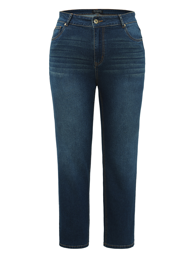 Plus Size Plain Straight Leg Zipper Fly Jeans Women Indigo Casual Plain Pocket High stretch Pocket Jeans BloomChic 16/1X 
