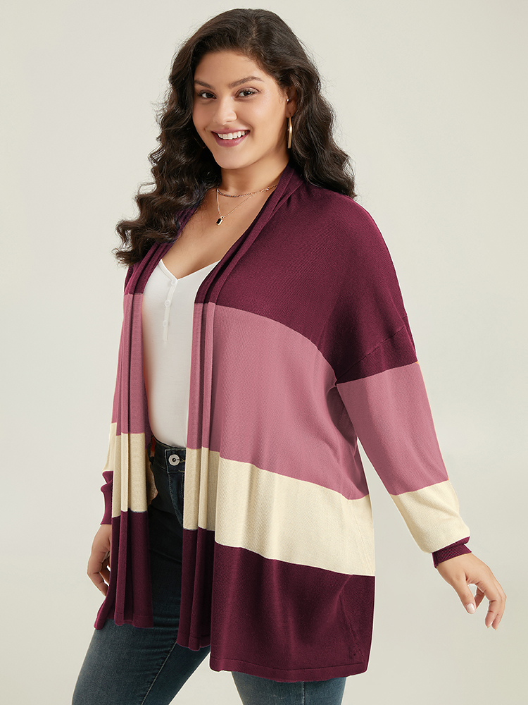 Plus Size Supersoft Essentials Colorblock Contrast Cardigan Burgundy Women Casual Loose Long Sleeve Dailywear Cardigans BloomChic 22-24/3X 