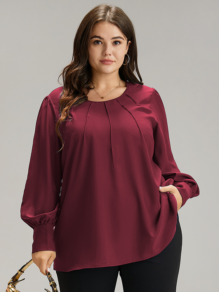 

Plus Size Scarlet Anti-Wrinkle Solid Pleated Puff Sleeve Button Up Blouse Women Office Long Sleeve Round Neck Work Blouses BloomChic