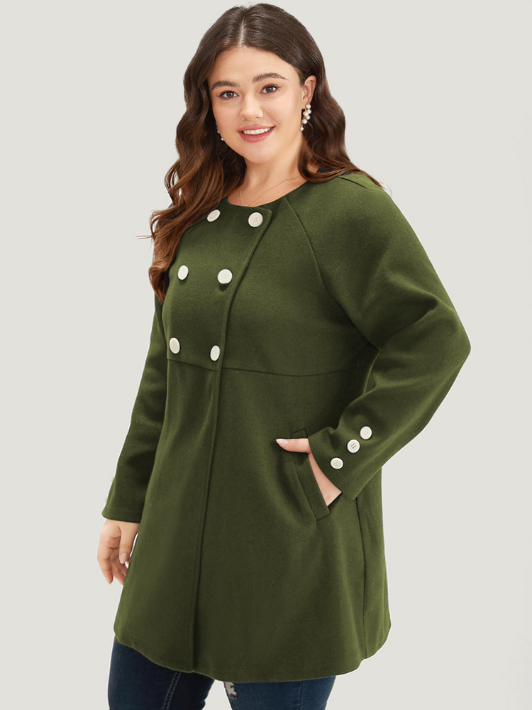 Plus Size Solid Button Detail pocket Coat Women ArmyGreen Casual Plain Ladies Everyday Winter Coats BloomChic 14-16/1X 