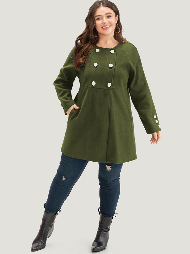 Plus Size Solid Button Detail pocket Coat Women ArmyGreen Casual Plain Ladies Everyday Winter Coats BloomChic 14-16/1X 