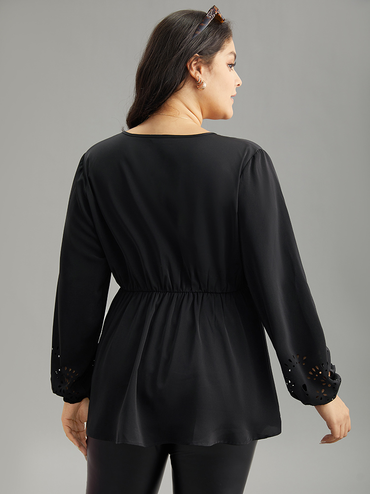 Plus Size Black Plain Elastic Waist Buckle Detail Wrap Blouse Women Office Long Sleeve V-neck Work Blouses BloomChic 10/M 