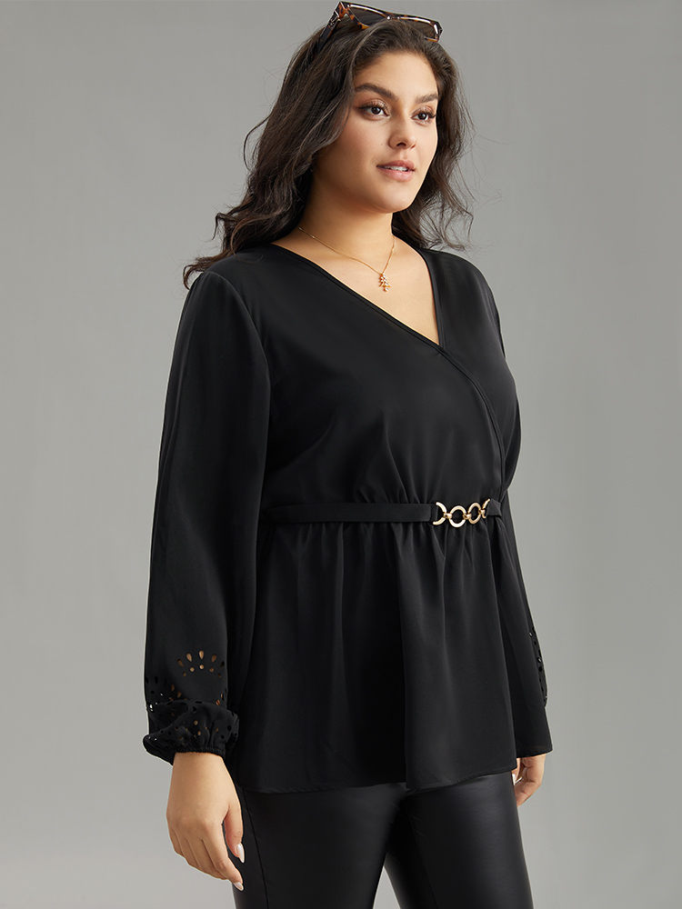 Plus Size Black Plain Elastic Waist Buckle Detail Wrap Blouse Women Office Long Sleeve V-neck Work Blouses BloomChic 10/M 