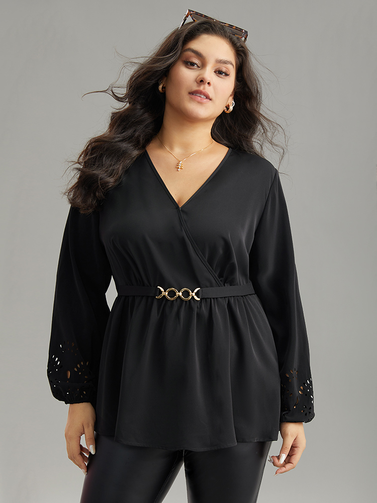 Plus Size Black Plain Elastic Waist Buckle Detail Wrap Blouse Women Office Long Sleeve V-neck Work Blouses BloomChic 10/M 