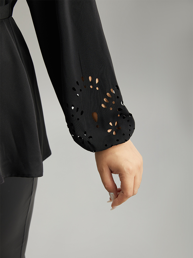 Plus Size Black Plain Elastic Waist Buckle Detail Wrap Blouse Women Office Long Sleeve V-neck Work Blouses BloomChic 10/M 