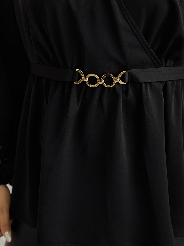 Plus Size Black Plain Elastic Waist Buckle Detail Wrap Blouse Women Office Long Sleeve V-neck Work Blouses BloomChic 10/M 