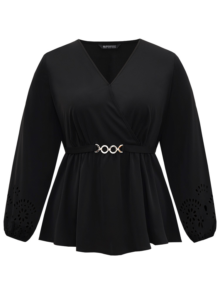Plus Size Black Plain Elastic Waist Buckle Detail Wrap Blouse Women Office Long Sleeve V-neck Work Blouses BloomChic 10/M 