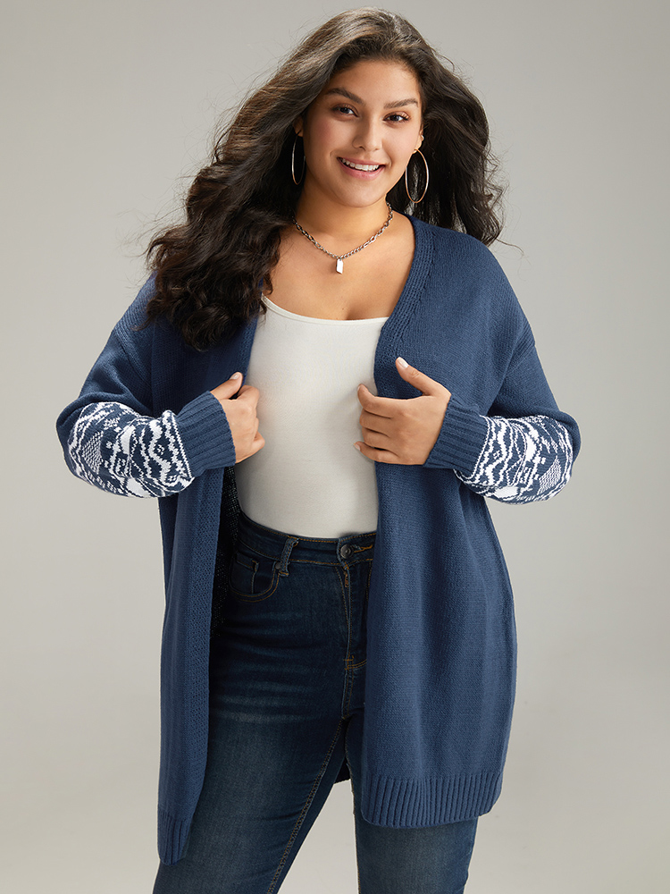 

Plus Size Geometric Graphic Open Front Tunic Cardigan Indigo Women Casual Loose Long Sleeve Dailywear Cardigans BloomChic