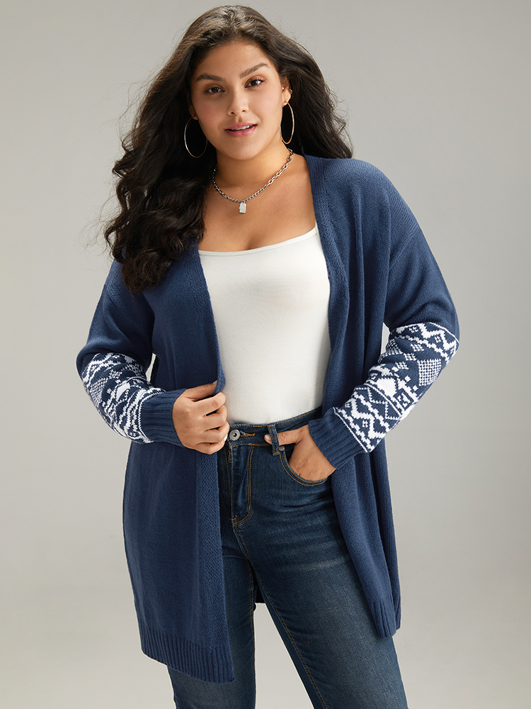 

Plus Size Geometric Graphic Open Front Tunic Cardigan Indigo Women Casual Loose Long Sleeve Dailywear Cardigans BloomChic