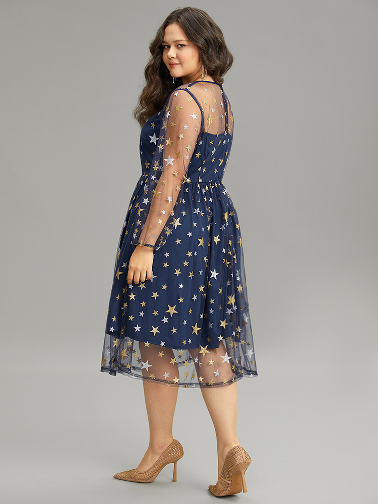 Plus Size Glitter Star Mesh Crew Neck Dress DarkBlue Women Cocktail Elastic cuffs Round Neck Long Sleeve Curvy Midi Dress BloomChic 14-16/1X 
